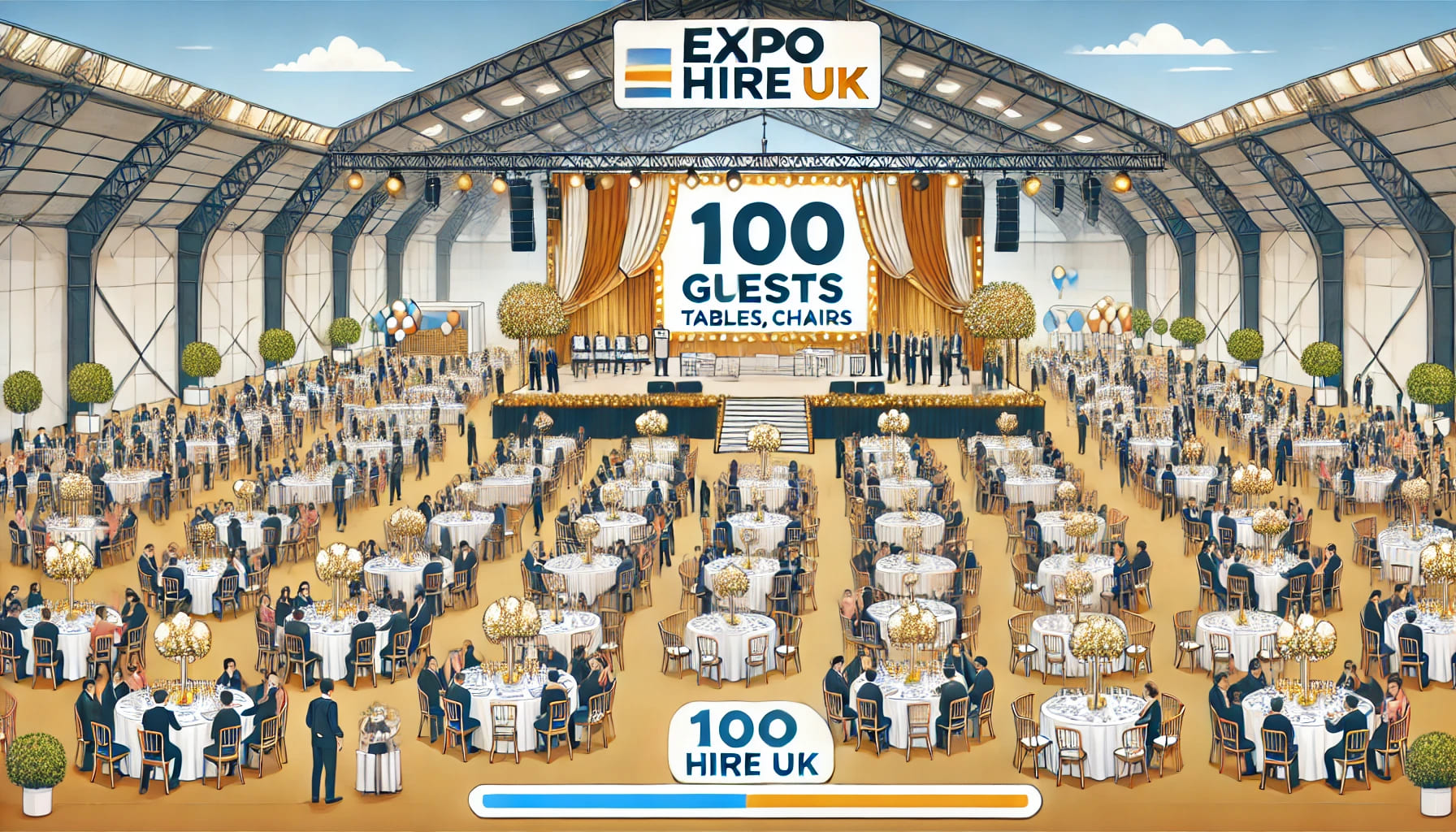 An event setup with 100 guests, tables, chairs, and decorations, illustrating Expo Hire UK's services