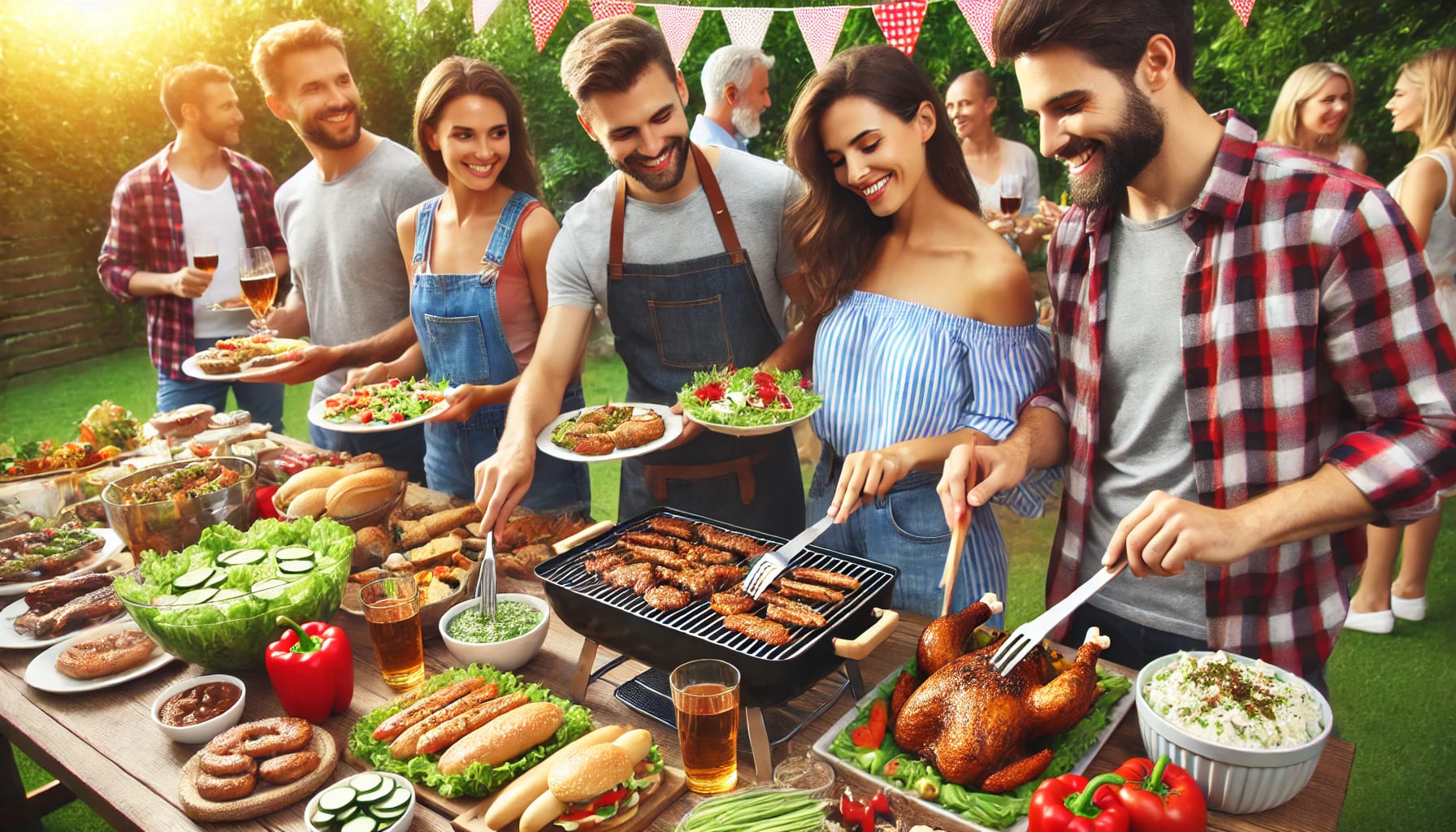 A BBQ or potluck dinner party with a variety of grilled foods, salads, and guests serving themselves from a buffet-style setup