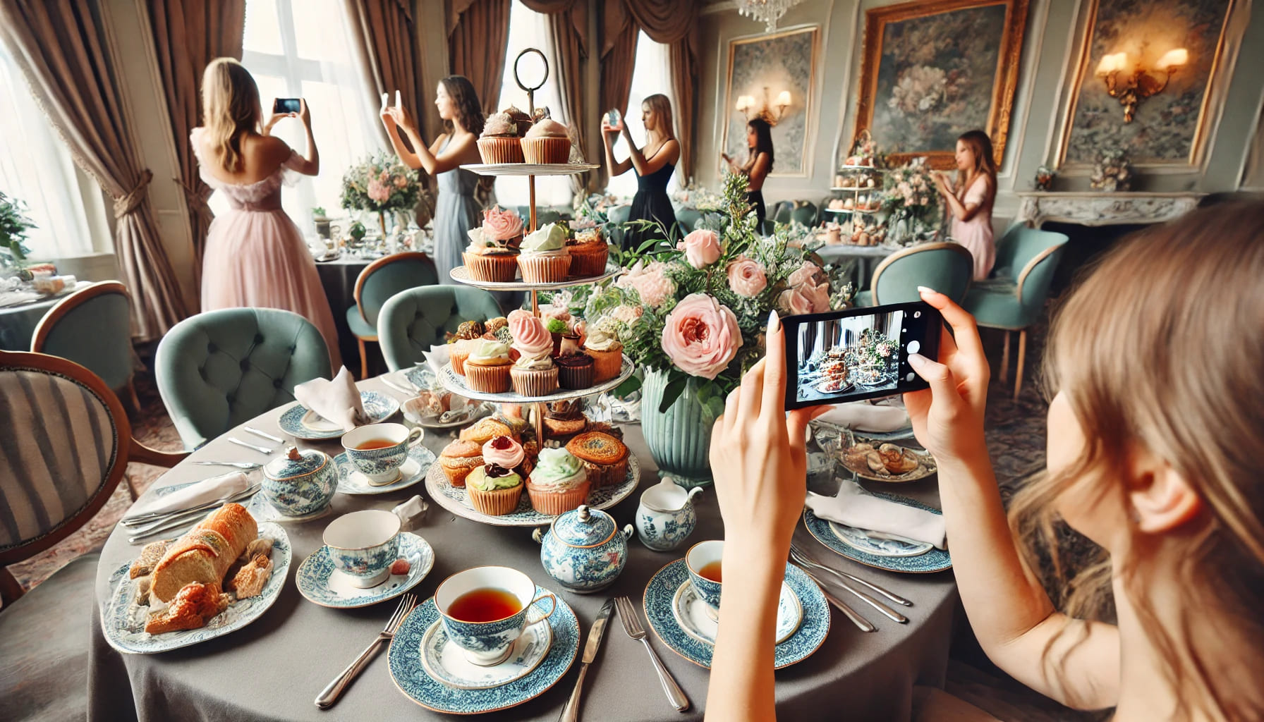 A beautifully decorated afternoon tea setup with elegant china, pastries, and sandwiches, capturing the perfect moment of a tea party in a stylish ven