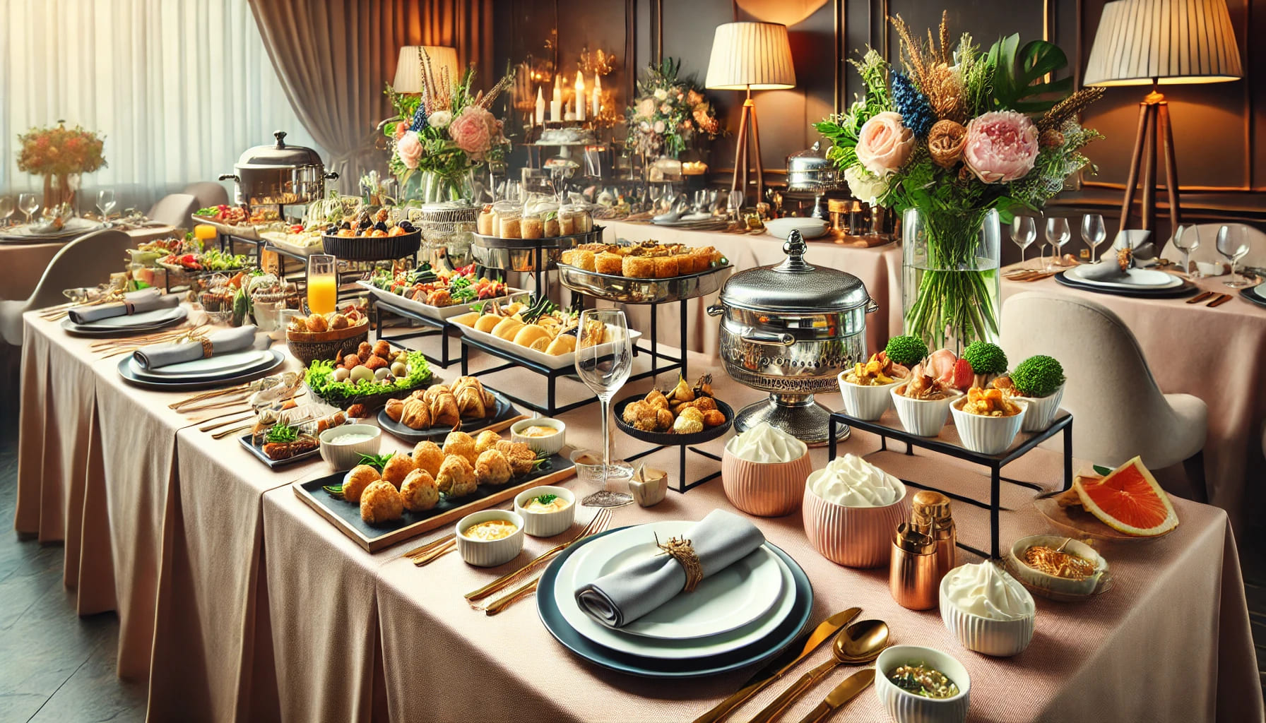 A buffet table set for evening food, featuring a variety of dishes, plates, cutlery, and serving utensils. The table is well-arranged with elegant cro