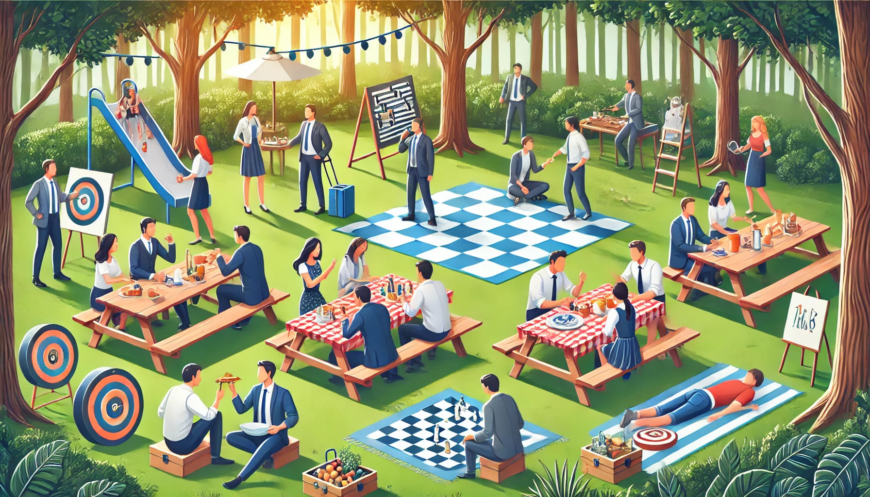 A business picnic in a park with colleagues enjoying games, food, and conversation. The scene includes picnic blankets, tables, and chairs set up unde