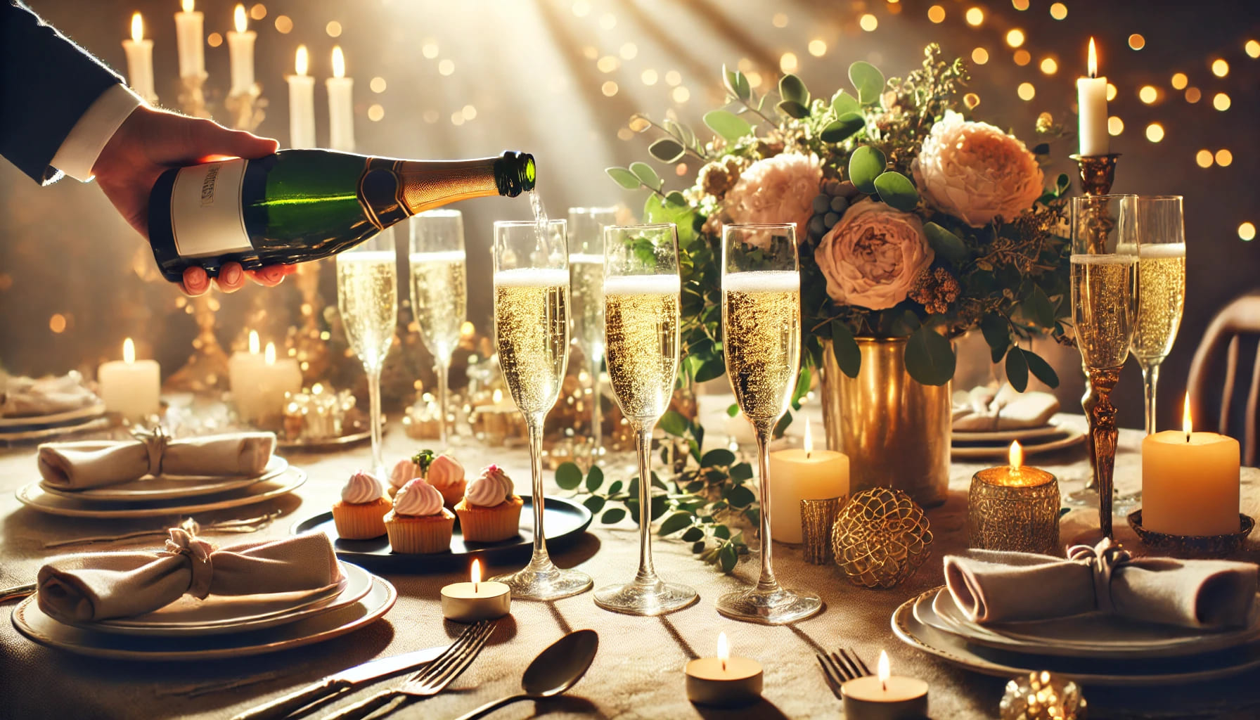 A celebratory setting with champagne glasses filled with champagne, ready for toasting at an event. The setting should be festive and joyful. Landscap