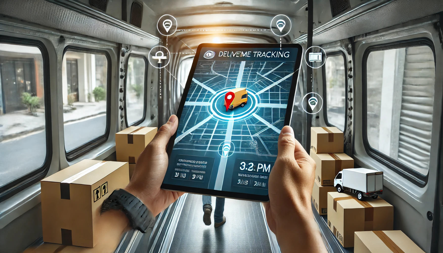 A delivery driver using a tablet with a map showing real-time tracking, set inside a delivery vehicle. The image should illustrate the use of technolo