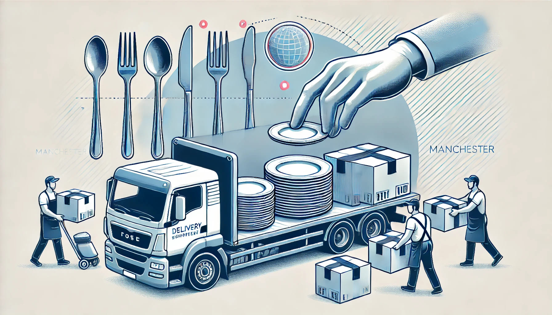 A delivery truck unloading plates and cutlery, showcasing the advantages of using local suppliers for events in Manchester, with a focus on reducing t