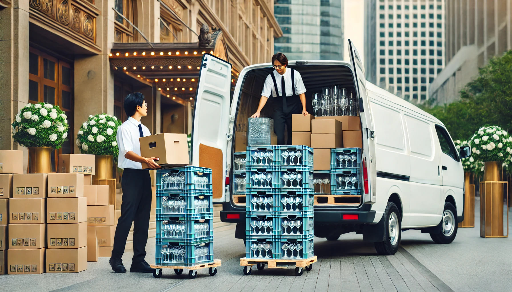 A delivery van arriving at an event venue with staff unloading glassware crates, showing the convenience of delivery and collection service