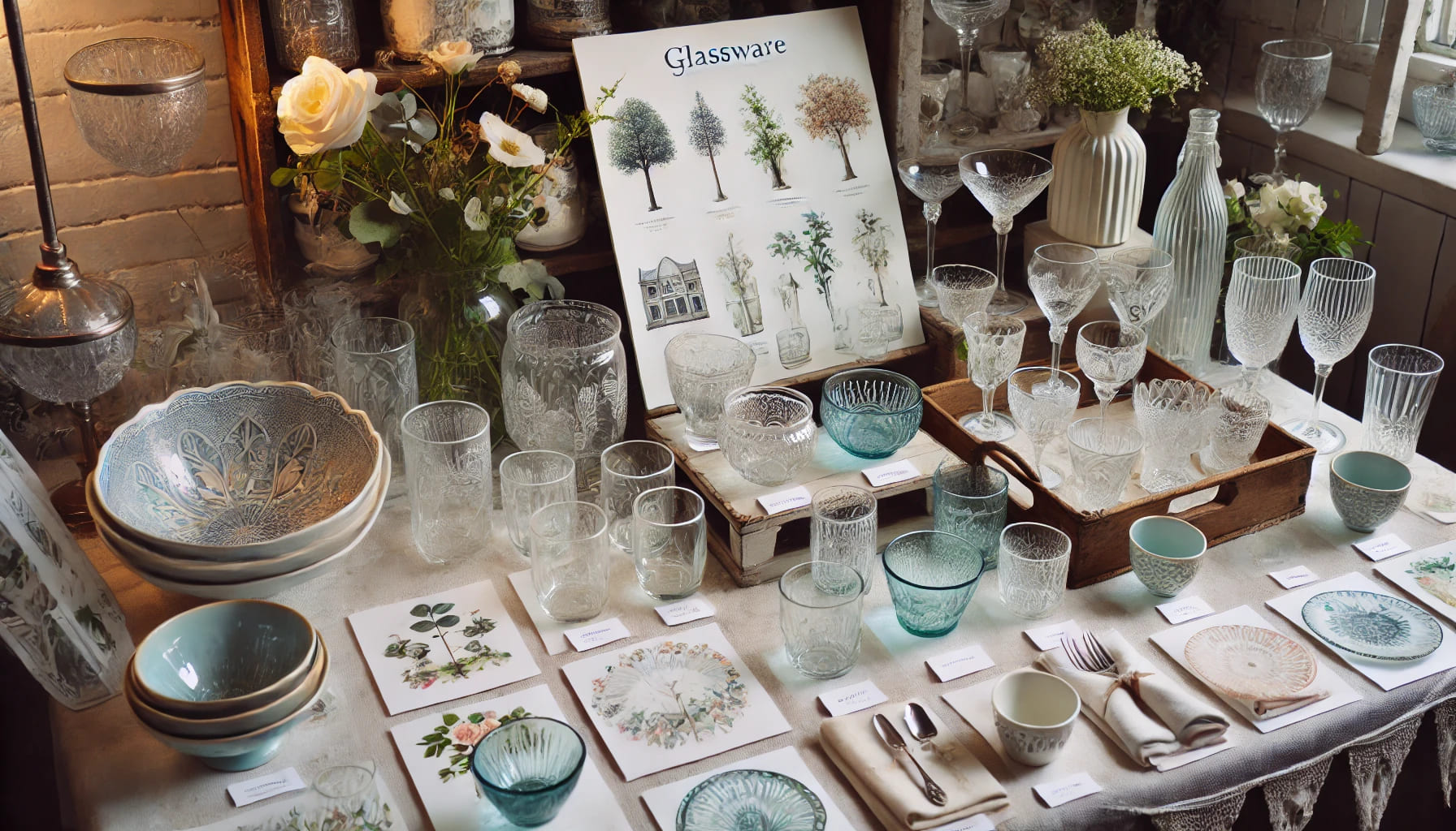 A display showing various styles and designs of glassware available for hire, including simple and decorative pieces