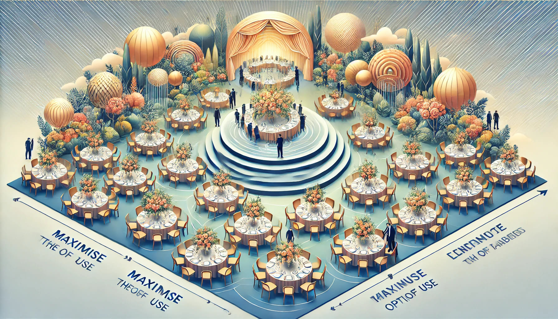 A landscape-oriented image showing an event setup where tables are being arranged and decorated for optimal use. The image illustrates how to maximise