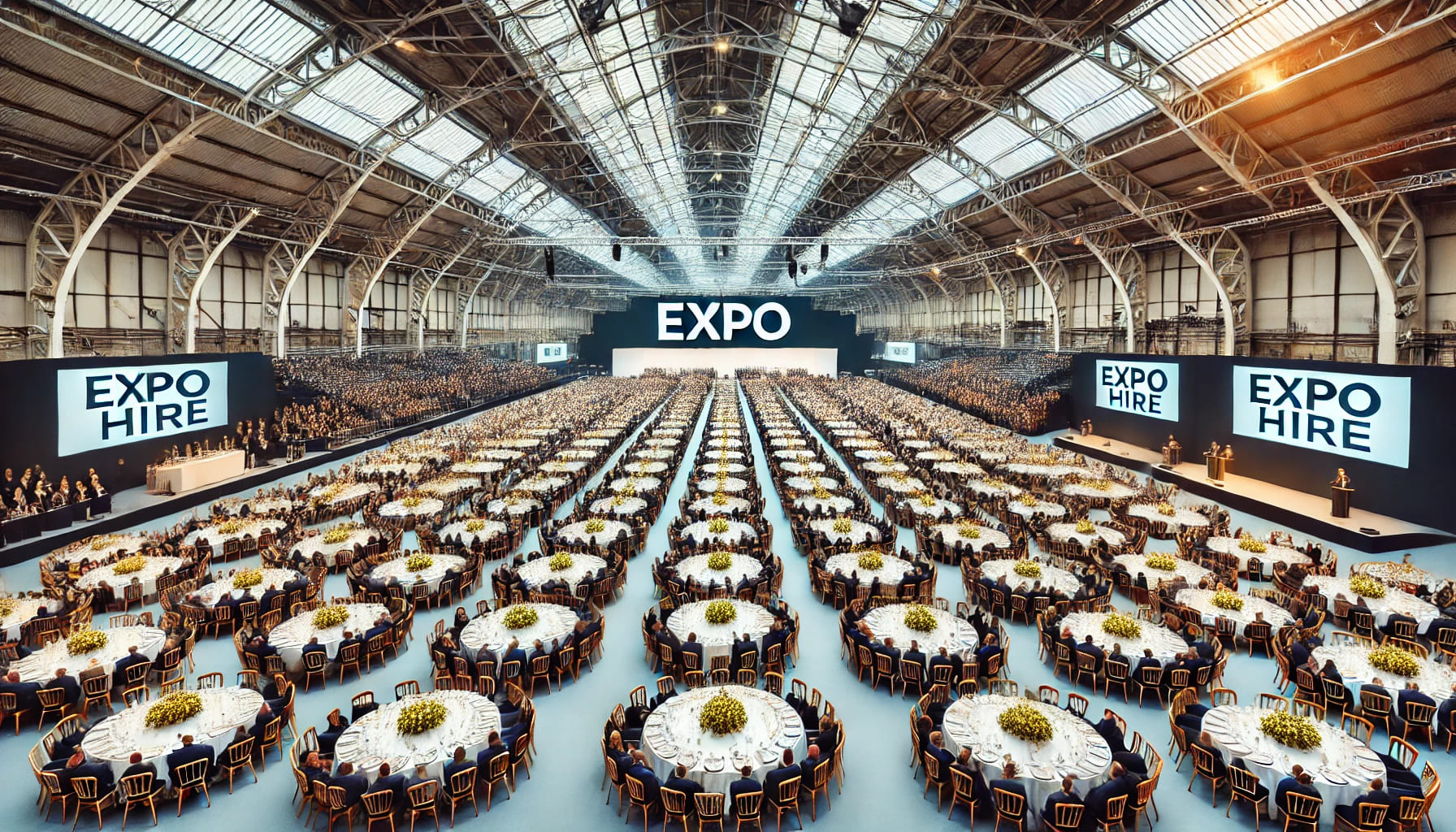 10 A large gathering event in the UK with trestle tables set up to accommodate many guests. The image shows a spacious venue filled with trestle tables,