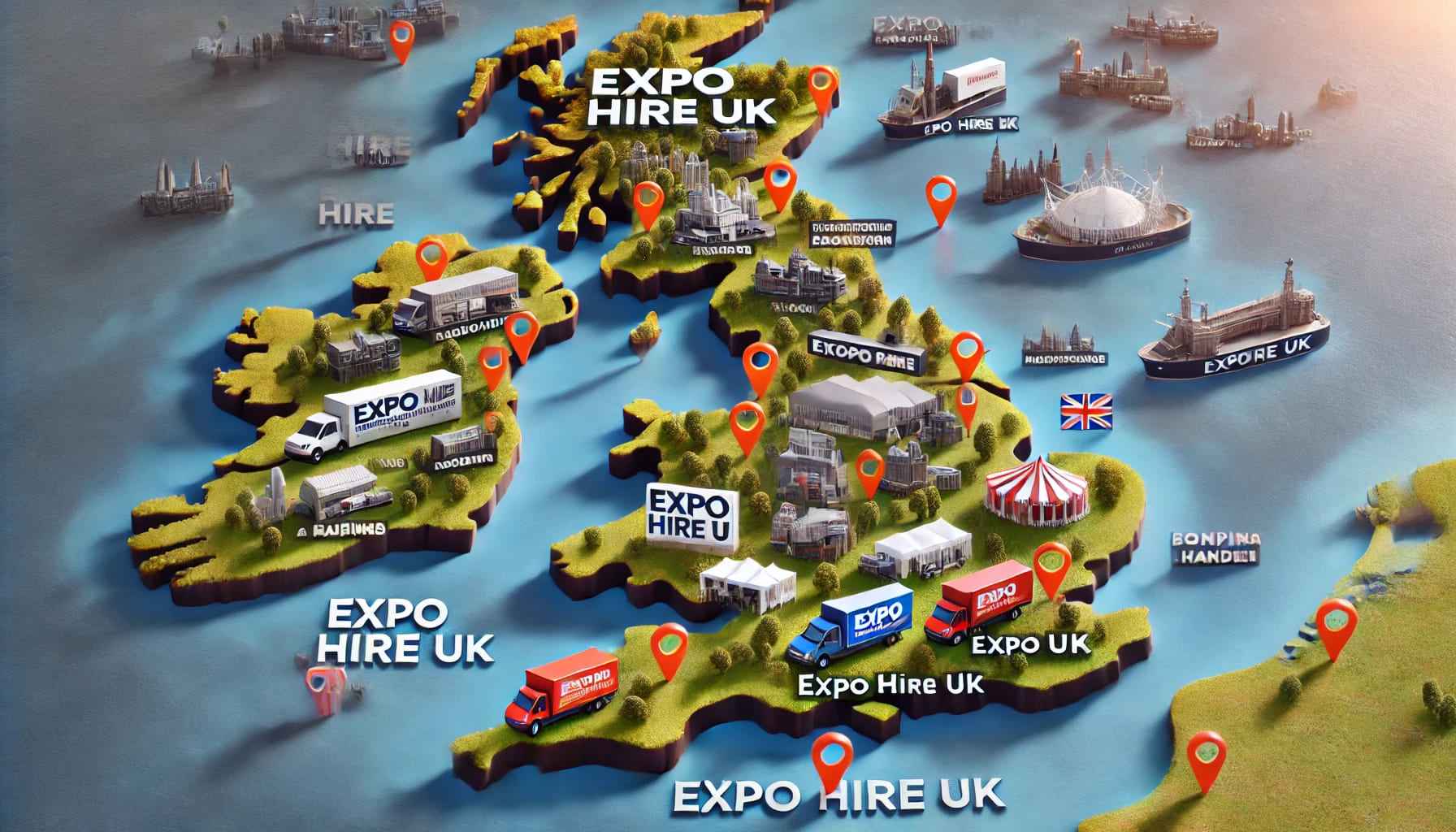 A map of the UK highlighting various locations where Expo Hire UK provides event equipment hire services, showcasing their nationwide coverage