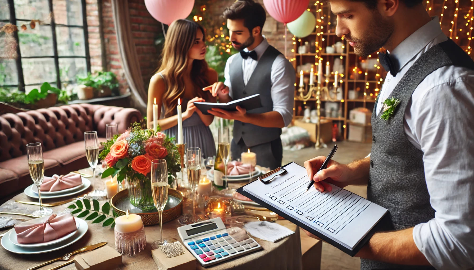 A party planner discussing details with a client in a well-decorated venue, with notes and checklists. The scene reflects careful planning and organis