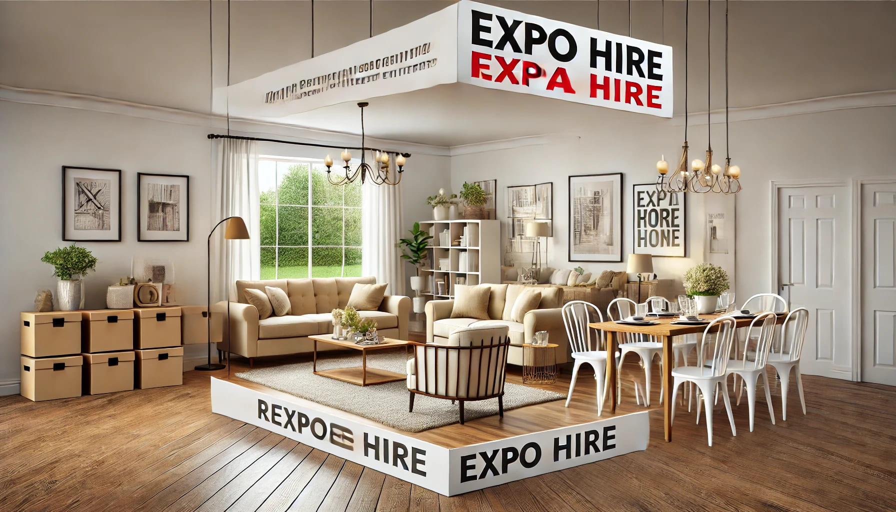 10 A realistic image of a beautifully staged home interior using rental furniture from Expo Hire. The scene features a well-furnished living room and din