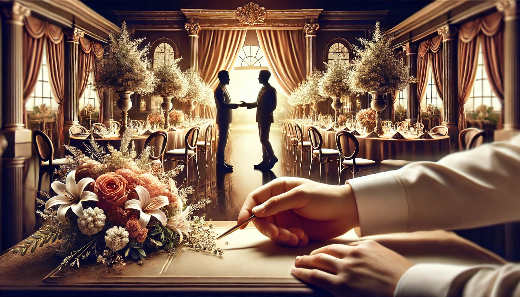 A realistic image showing an event planner or customer discussing with a supplier at a beautifully set up event, reflecting the final touches and deta