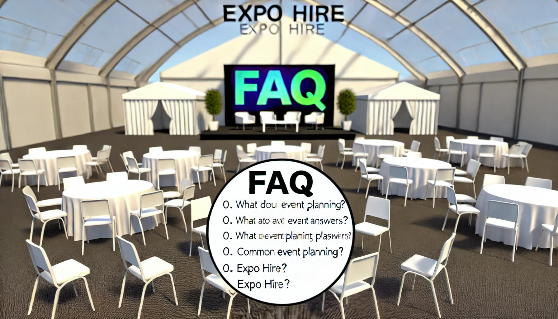 A realistic image showing an event setup with various tables and chairs, accompanied by FAQ-style text elements that visually represent answers to com