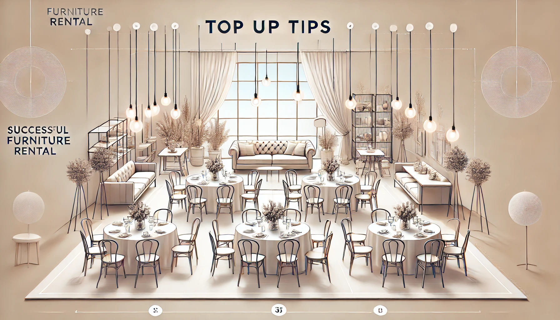 A setup guide showing the top tips for successful furniture rental, featuring a well-organized indoor event with rented tables, chairs, and decor. The