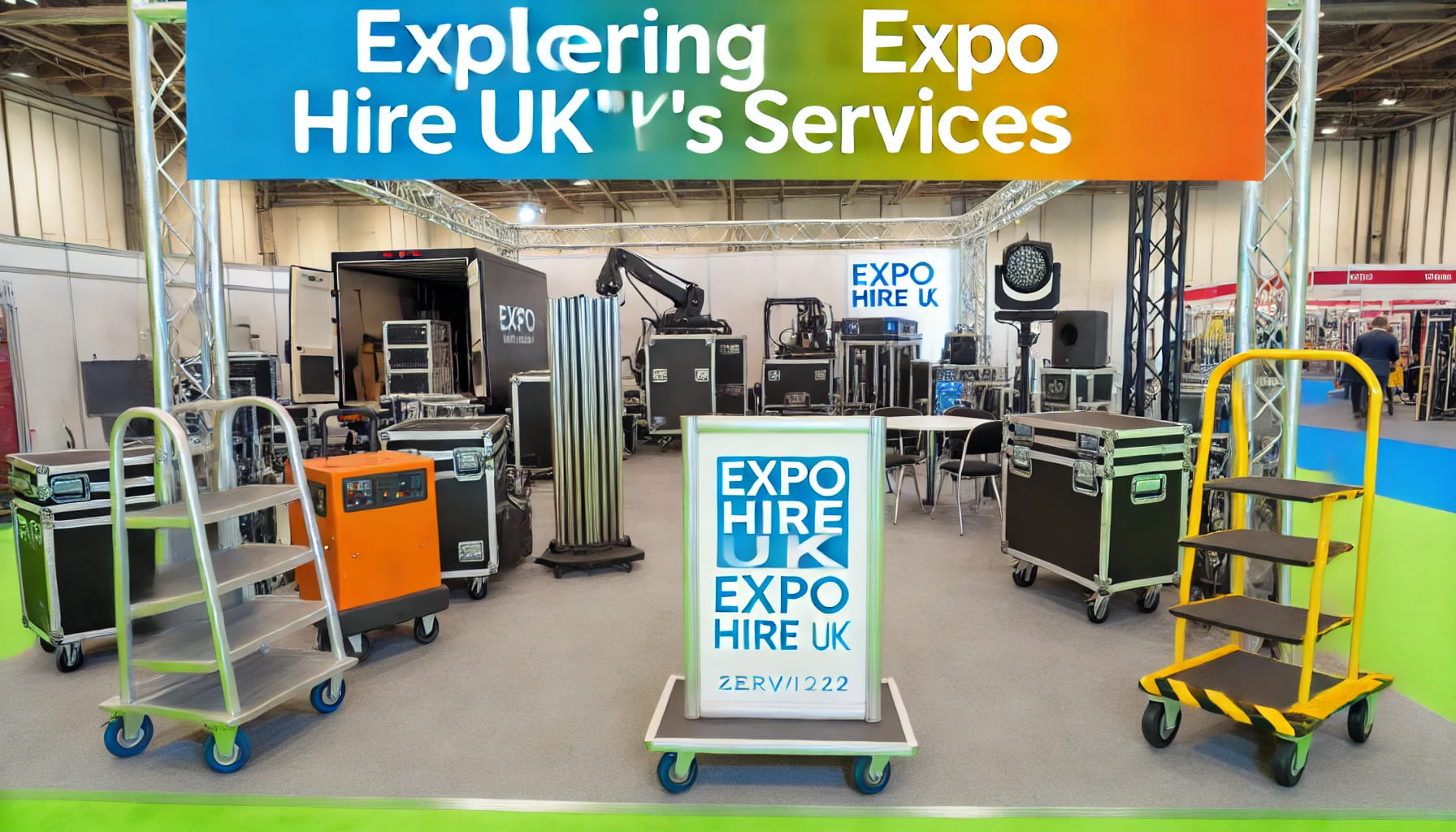 A showcase of Expo Hire UK's services with various event equipment on display, symbolizing exploring Expo Hire UK’s comprehensive services