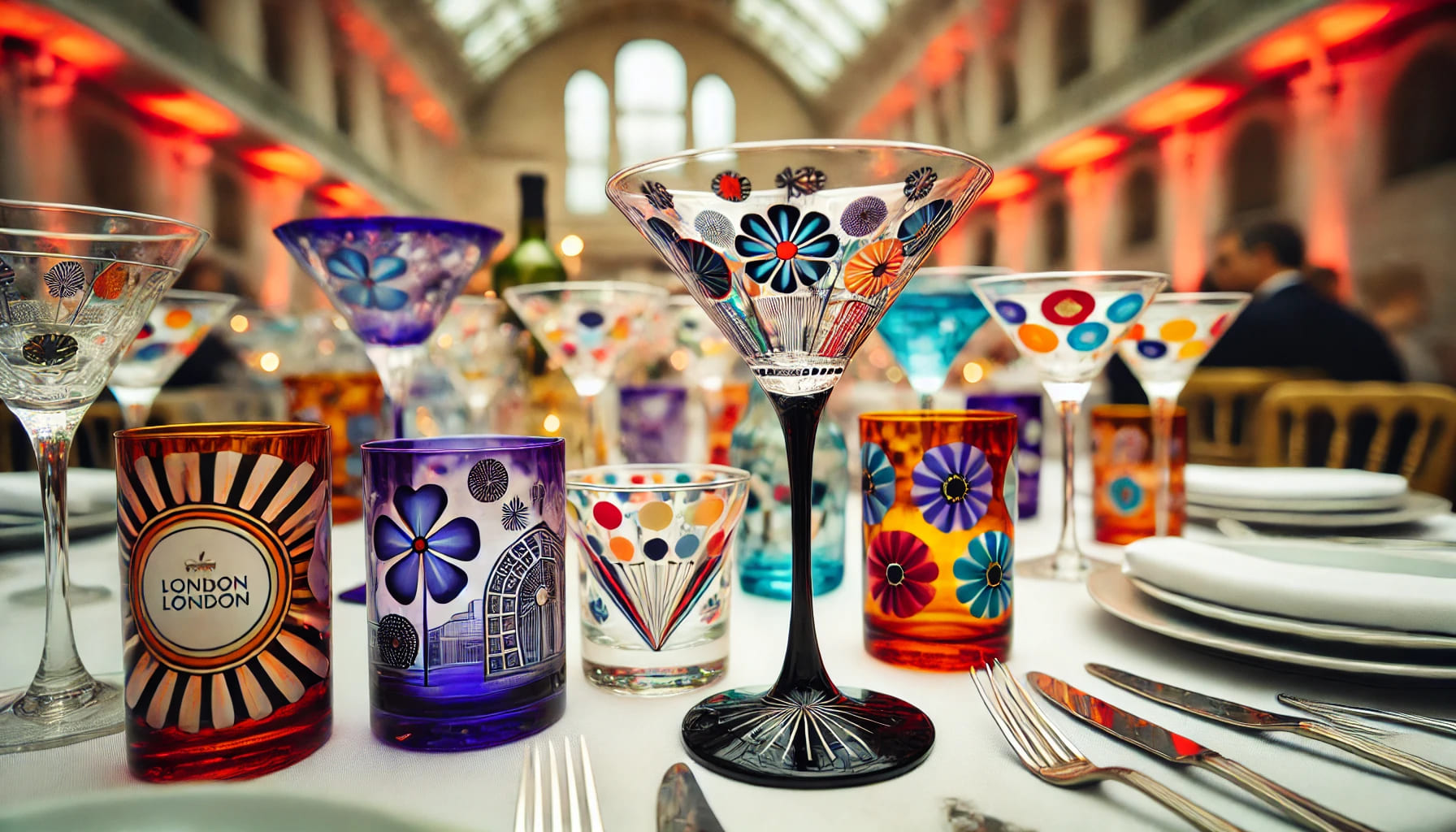 A table set with unique and colourful glassware, including martini glasses and tumblers, adding personality and style to a London event