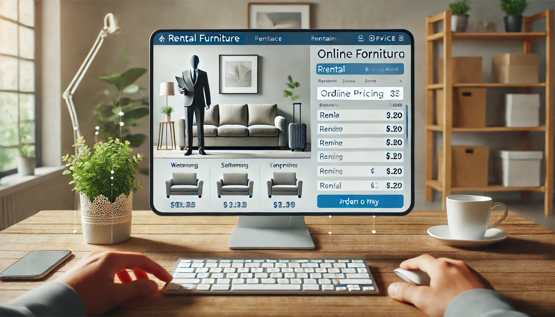 10 A user-friendly online platform showing the process of ordering rental furniture, with clear pricing and options. The scene focuses on the ease of onl