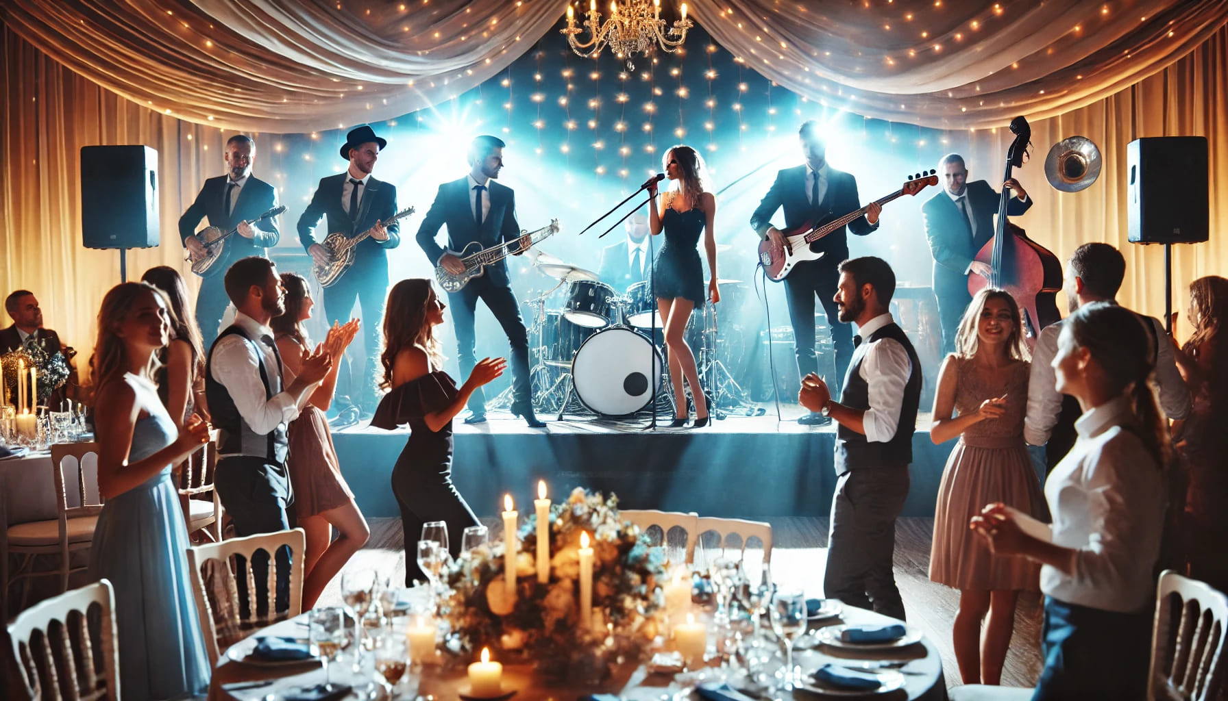 A wedding band performing on stage at a reception, with guests dancing and enjoying the music