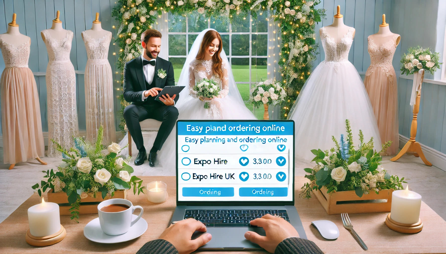 A wedding setup with a bride and groom checking their order online, showing an easy planning and ordering process with Expo Hire UK