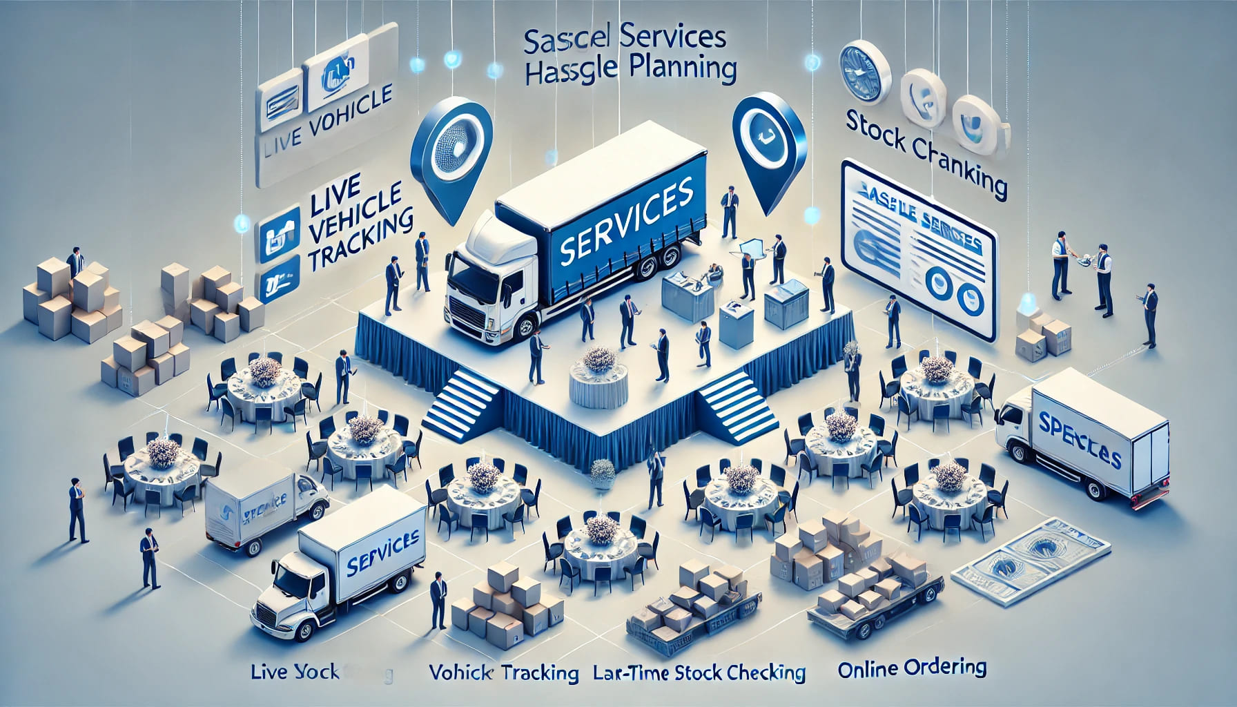 An event setup demonstrating special services for hassle-free planning, including live vehicle tracking, real-time stock checking, and online ordering