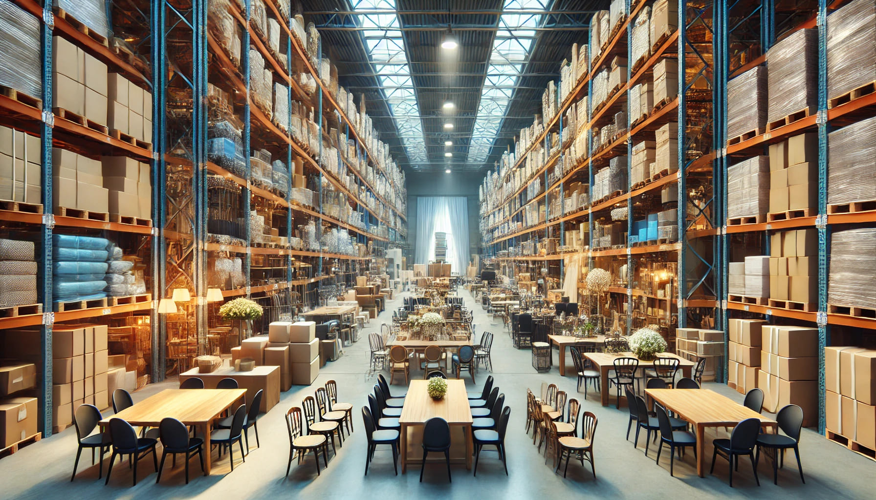 An event warehouse showcasing high-quality and quantity of various furniture and equipment, with organised shelves and stacks of chairs, tables, and o