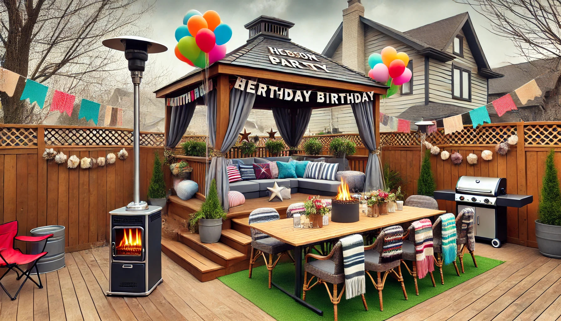 An outdoor birthday party setup with a gazebo, seating, and heating equipment, ready for any weather