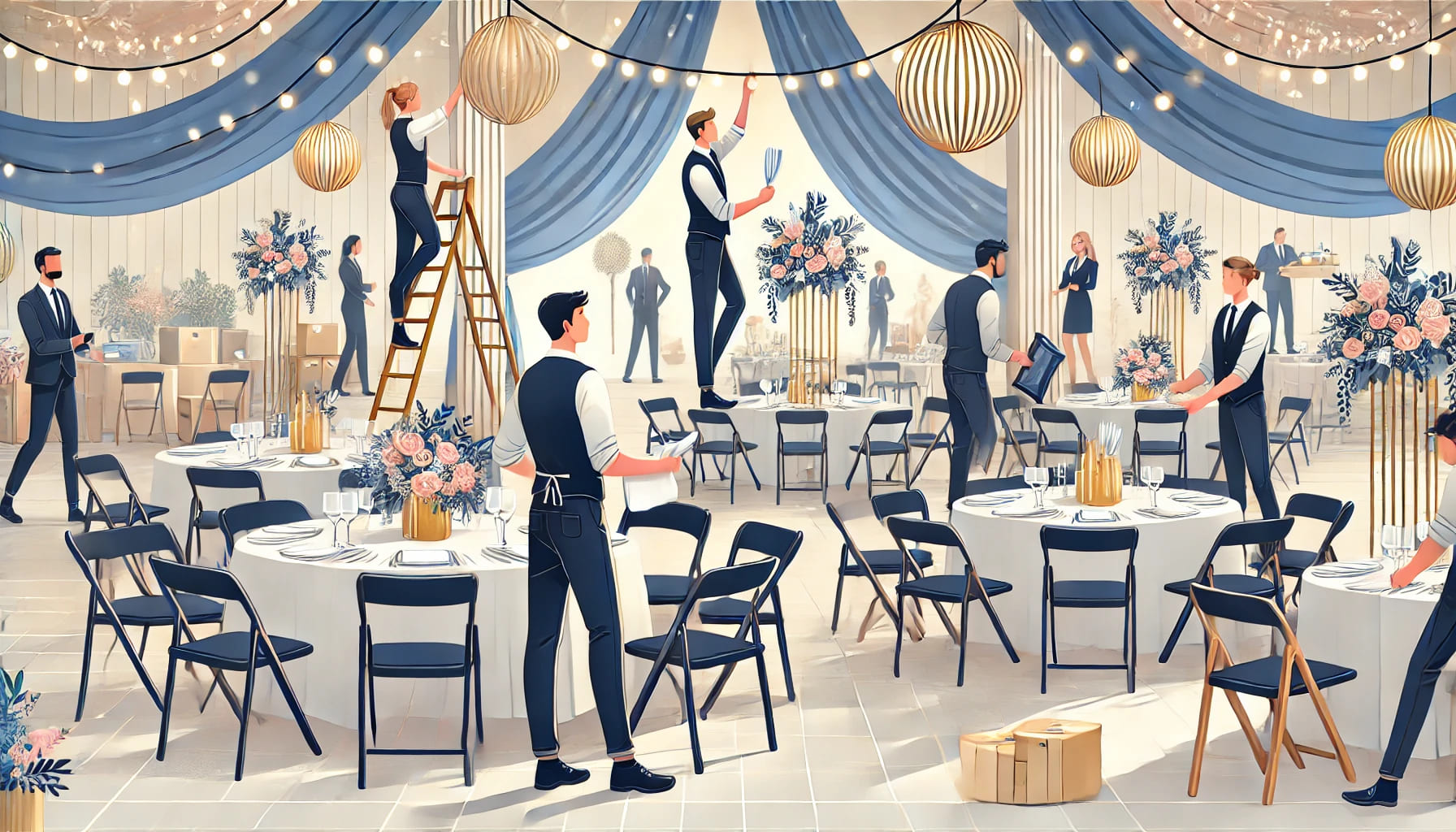 Event staff efficiently setting up an event space with chairs, tables, and decorations, ensuring a smooth and organized setup