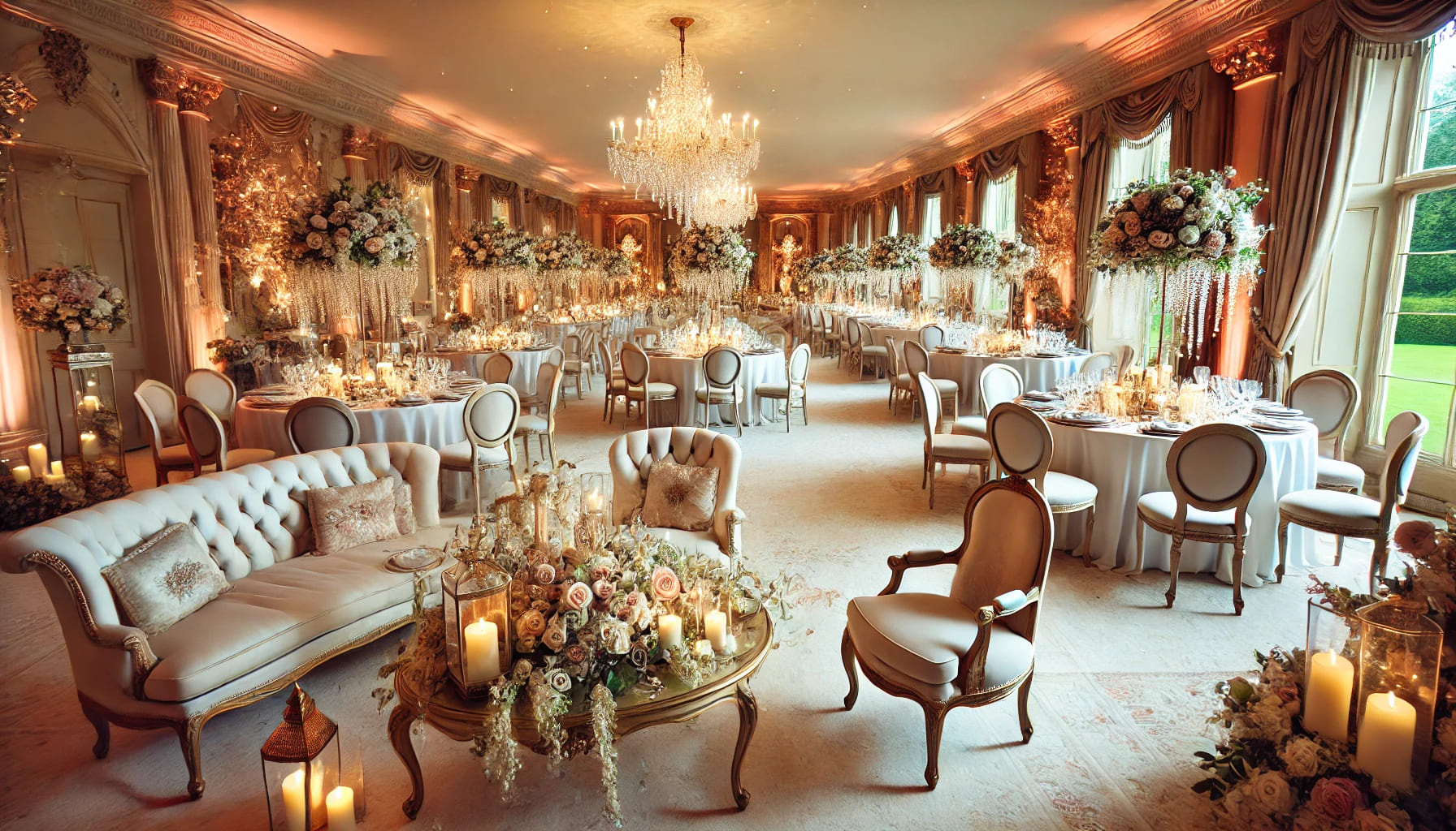 A beautifully decorated wedding venue with elegant furniture, soft lighting, floral arrangements, and a romantic ambiance, showcasing a dream wedding