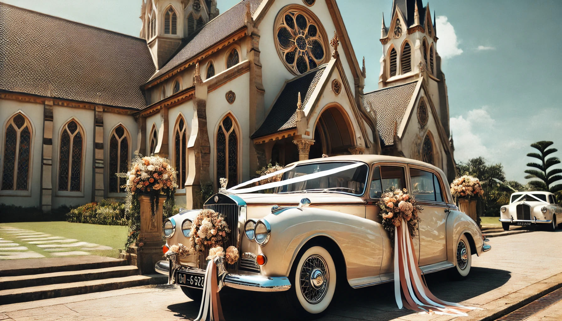 A classic wedding car decorated with flowers and ribbons, parked outside a beautiful church