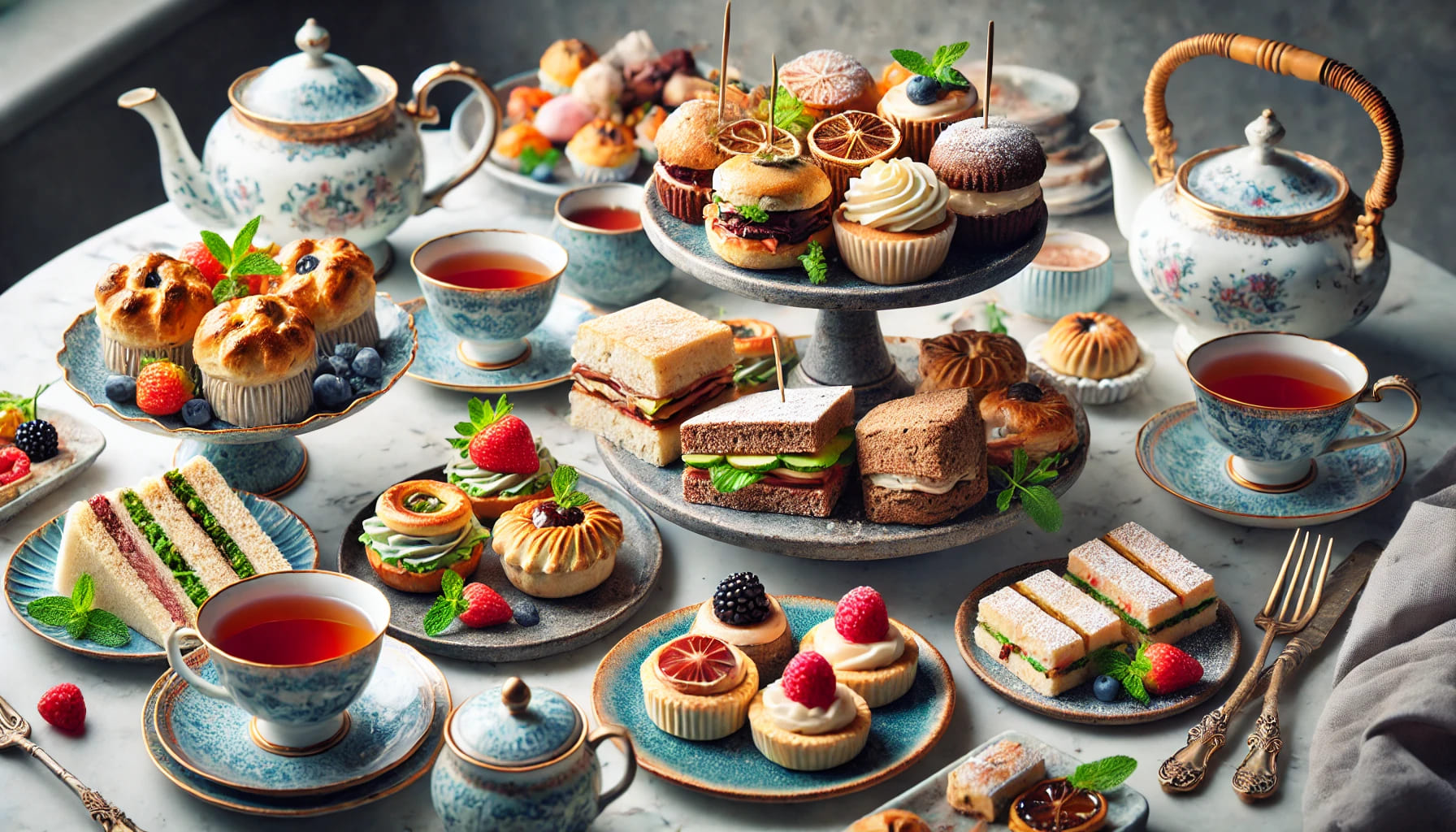 A close-up of a variety of afternoon tea treats, including scones, finger sandwiches, tarts, and pastries, beautifully arranged on elegant plates and