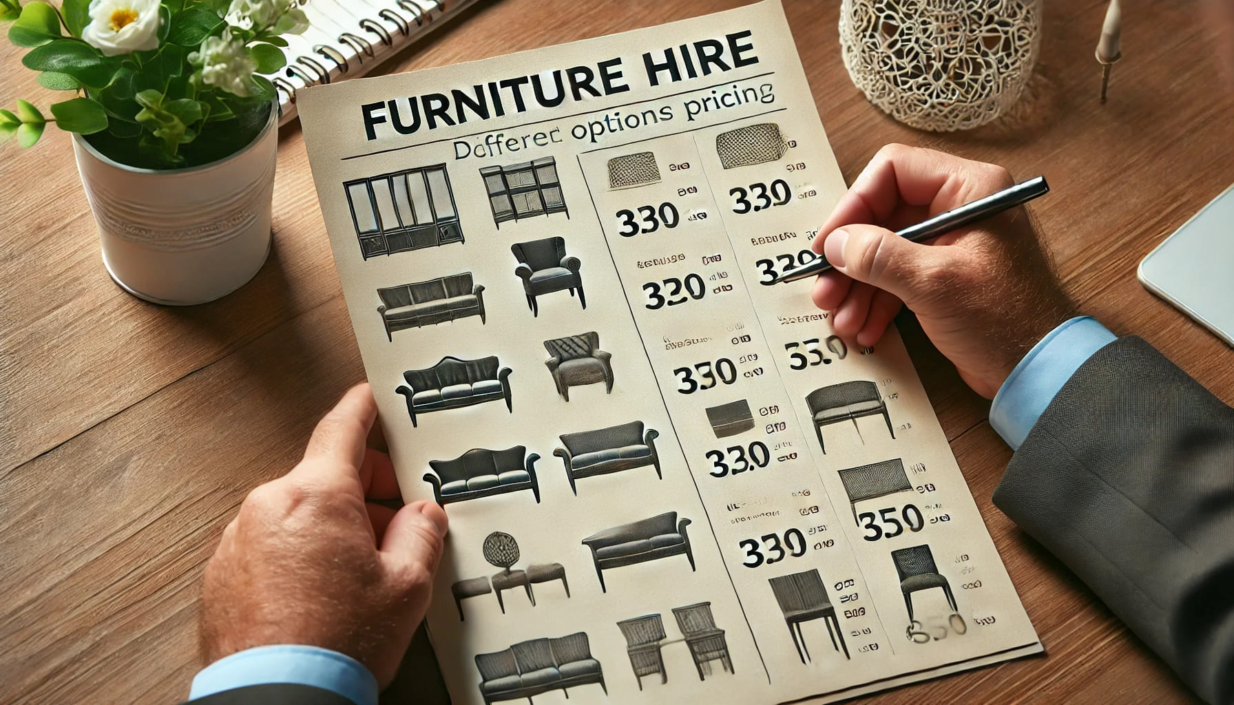 A customer reviewing price lists for furniture hire, showing different options and pricing for event furniture. The image should include a close-up of