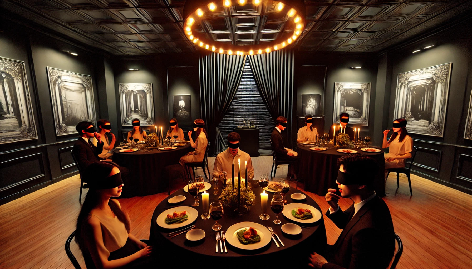 A dinner in the dark party with a blacked-out room, guests dining in darkness, and a mysterious and sensory-focused atmosphere