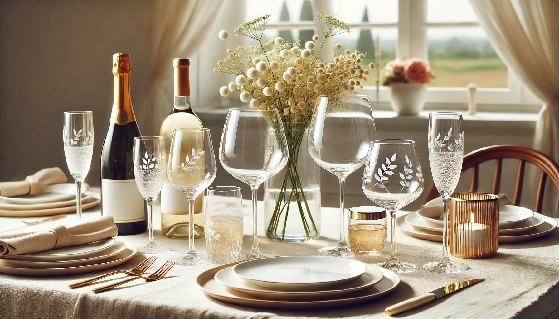 A matching set of white wine glasses, red wine glasses, and champagne flutes displayed together on a table