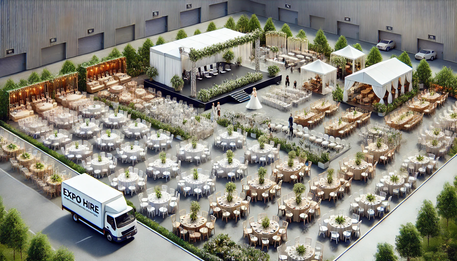 11 A realistic image depicting a variety of event setups, each featuring different types of rental furniture provided by Expo Hire. The scene should incl