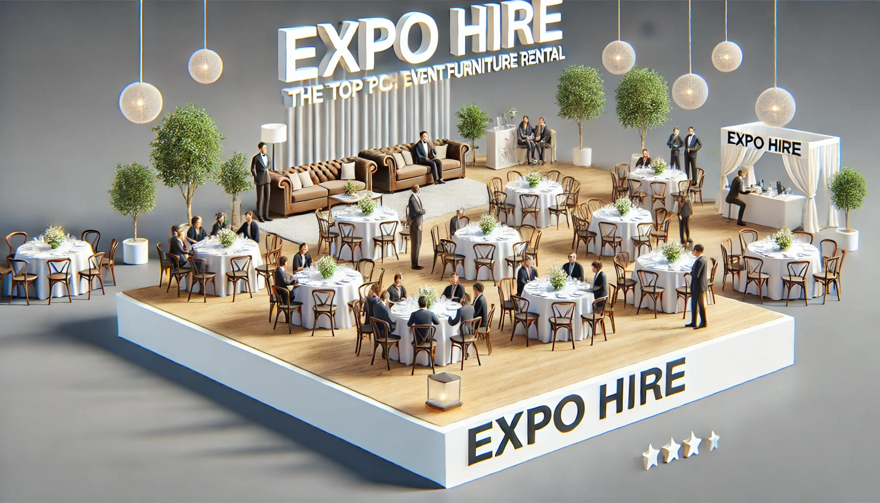 A scene highlighting why Expo Hire is the top choice for event furniture rental, showing a successful indoor gathering with high-quality rented furnit