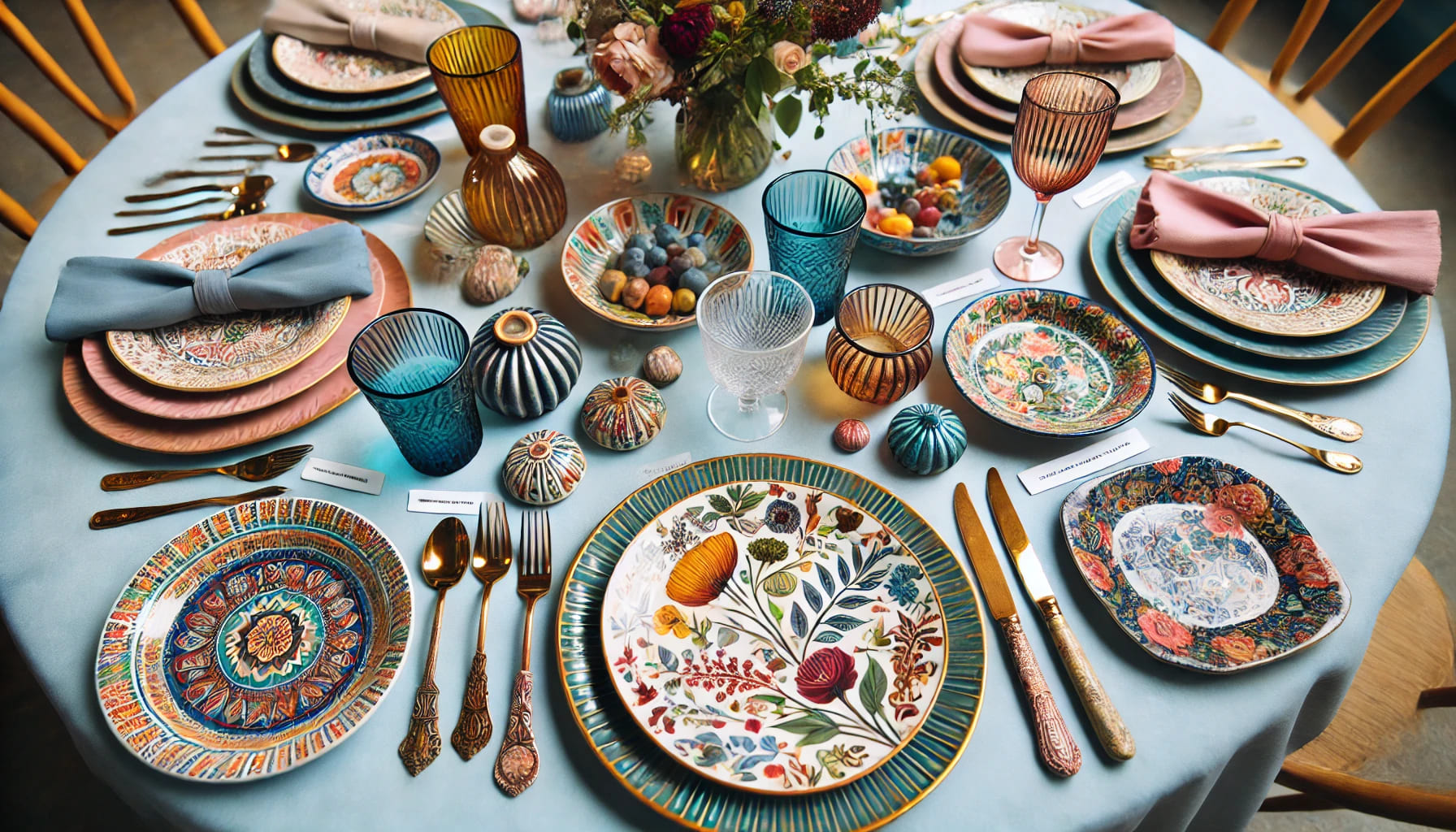 A table set with unique and colourful plates and cutlery, showcasing different styles that can be hired for events in Manchester, adding a touch of pe