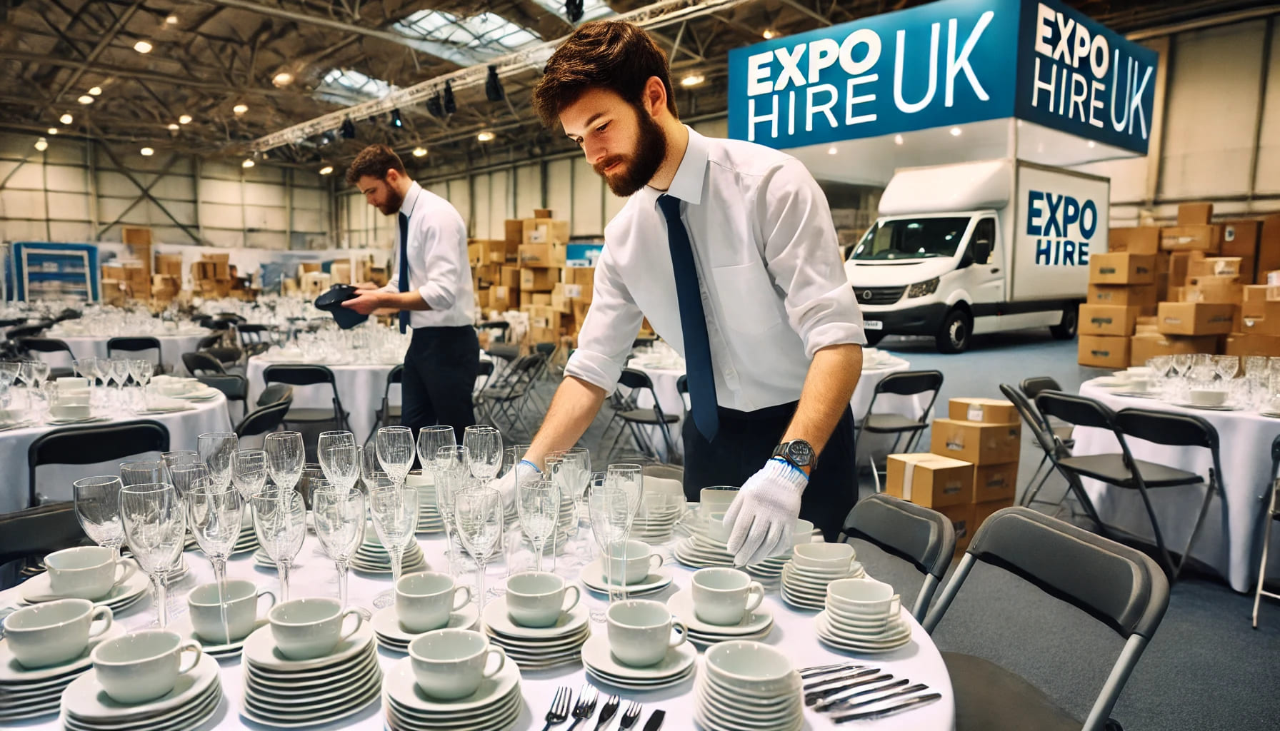 A team from Expo Hire UK setting up crockery and other event equipment at a venue. The image shows a variety of crockery items being arranged on table