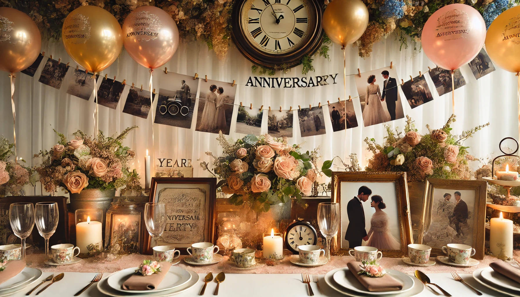 A themed anniversary party with decorations reflecting a couple's journey. The scene includes photos, memorabilia, and themed table settings