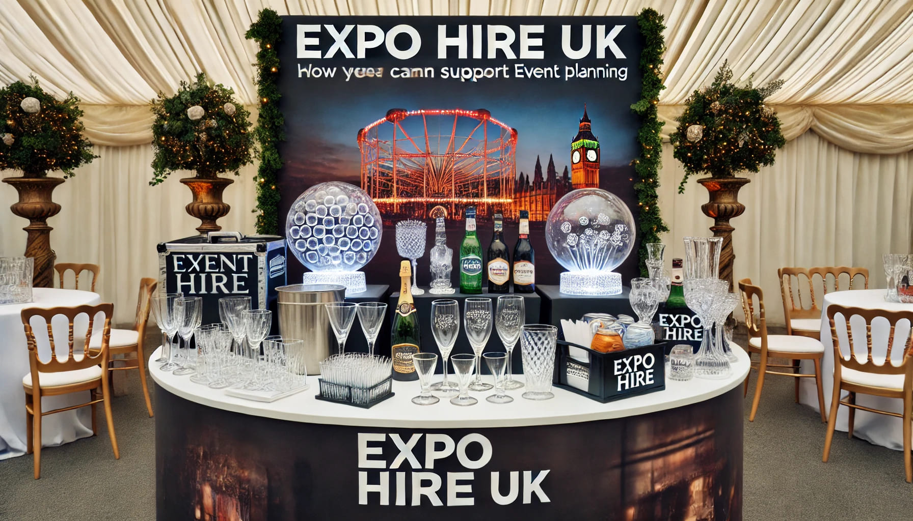 An Expo Hire UK display at an event, showcasing various glassware and other event hire items, highlighting how the company can support event planning