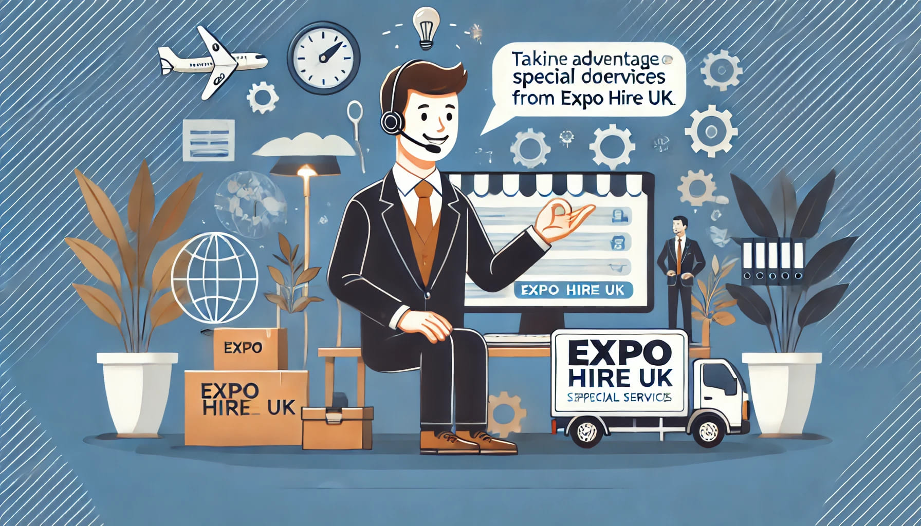 An Expo Hire UK representative assisting customers online, symbolizing taking advantage of special services from Expo Hire UK