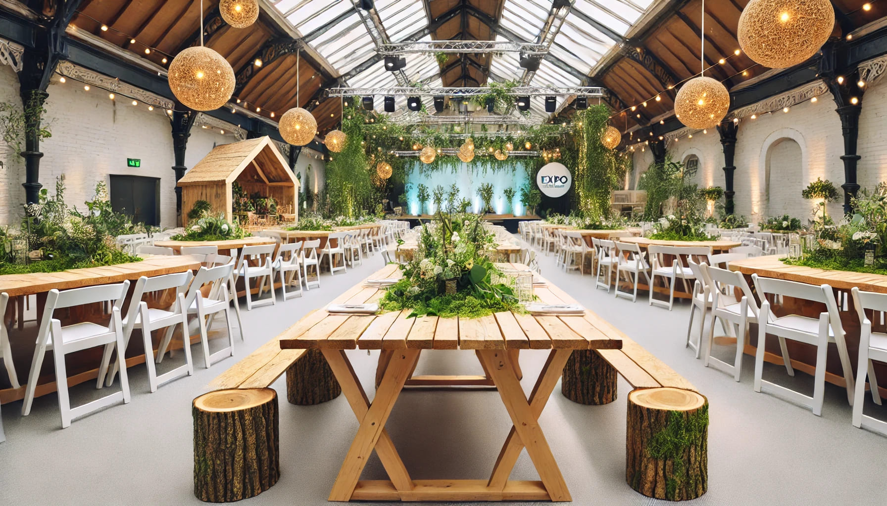 11 An eco-friendly event setup in the UK with trestle tables made from sustainable materials. The image shows a venue with natural lighting, greenery, an