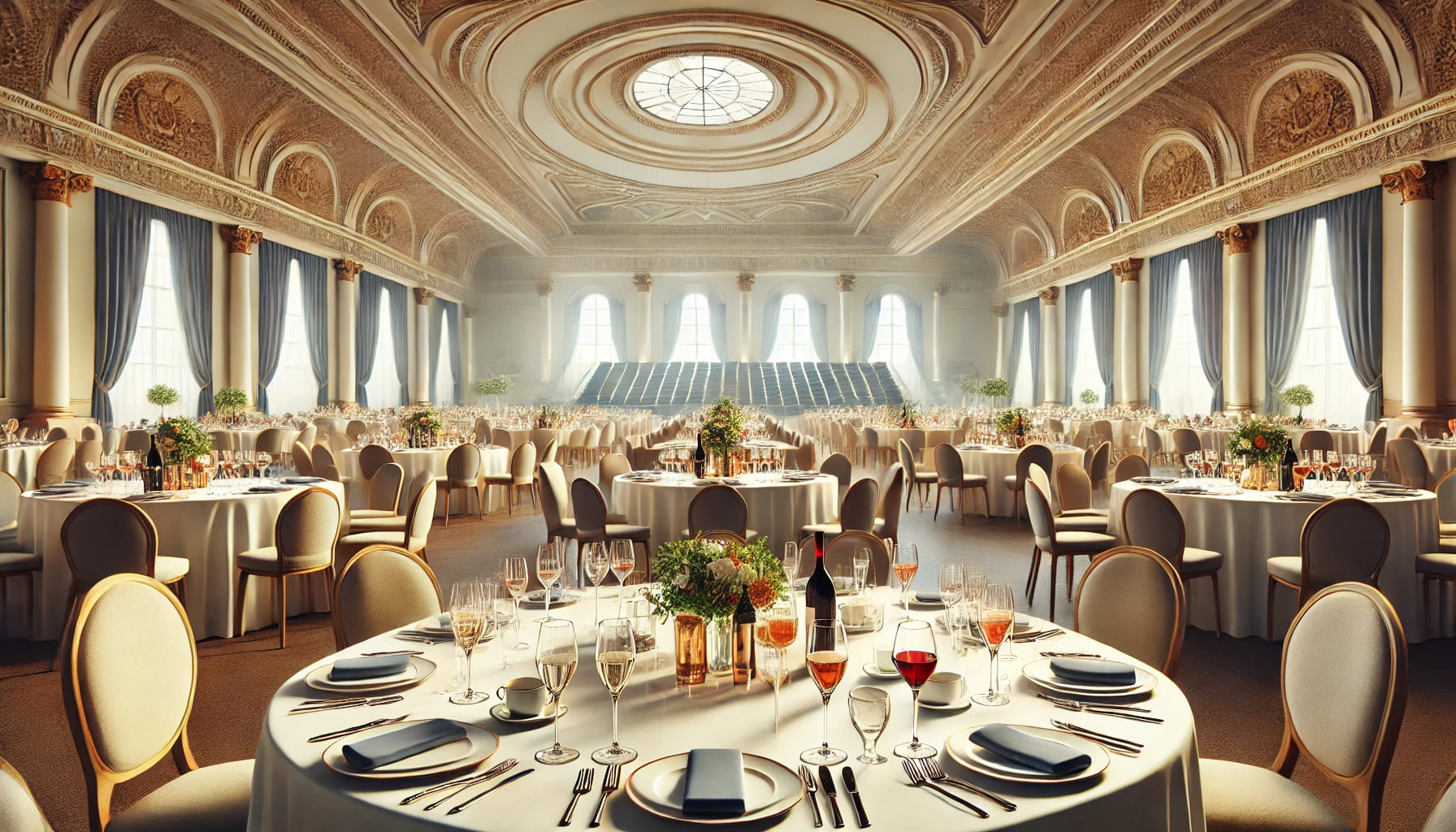 An elegant banquet hall setup with tables arranged with a variety of glasses including wine, champagne, and cocktail glasses. The setting should conve