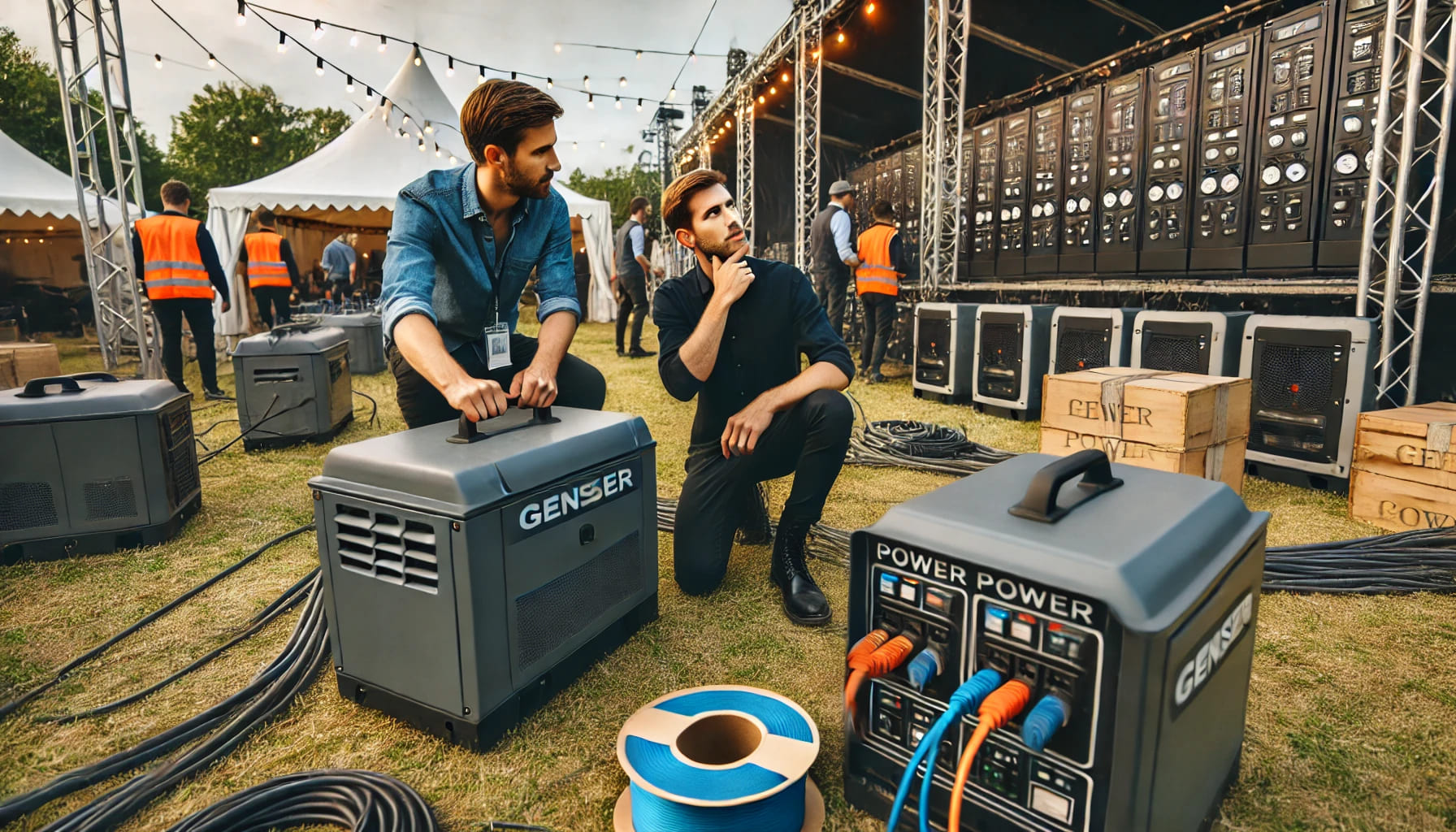 Event planners checking power requirements and setting up generators and cables at an outdoor event venue