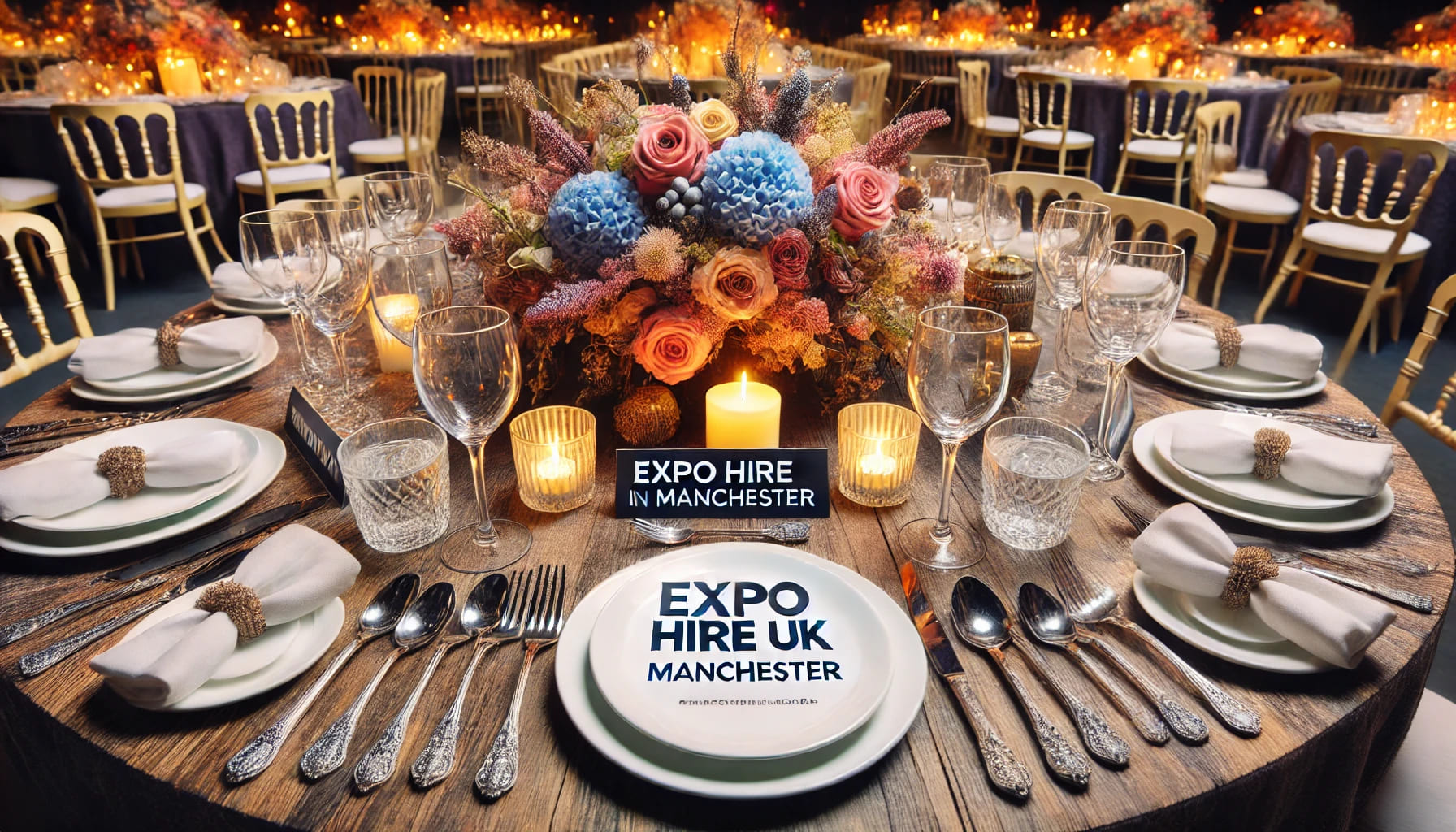 A beautifully set event table in Manchester with stylish plates and cutlery, showcasing the conclusion of a successful event planning with Expo Hire U