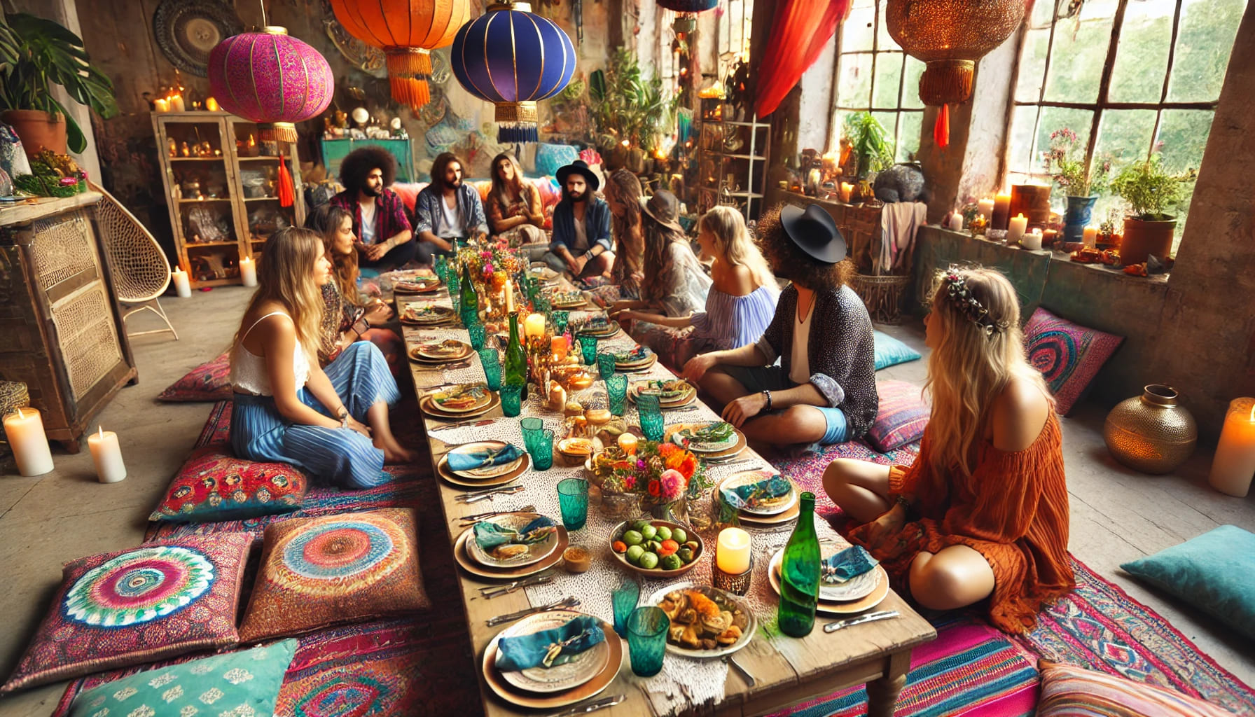 A bohemian dinner party with colourful decorations, mismatched tableware, and guests lounging on cushions enjoying a relaxed meal