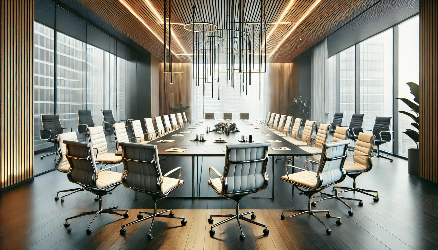 A conference room setup with chairs and tables ready for a meeting, featuring modern furniture in a corporate setting. The image should include an arr