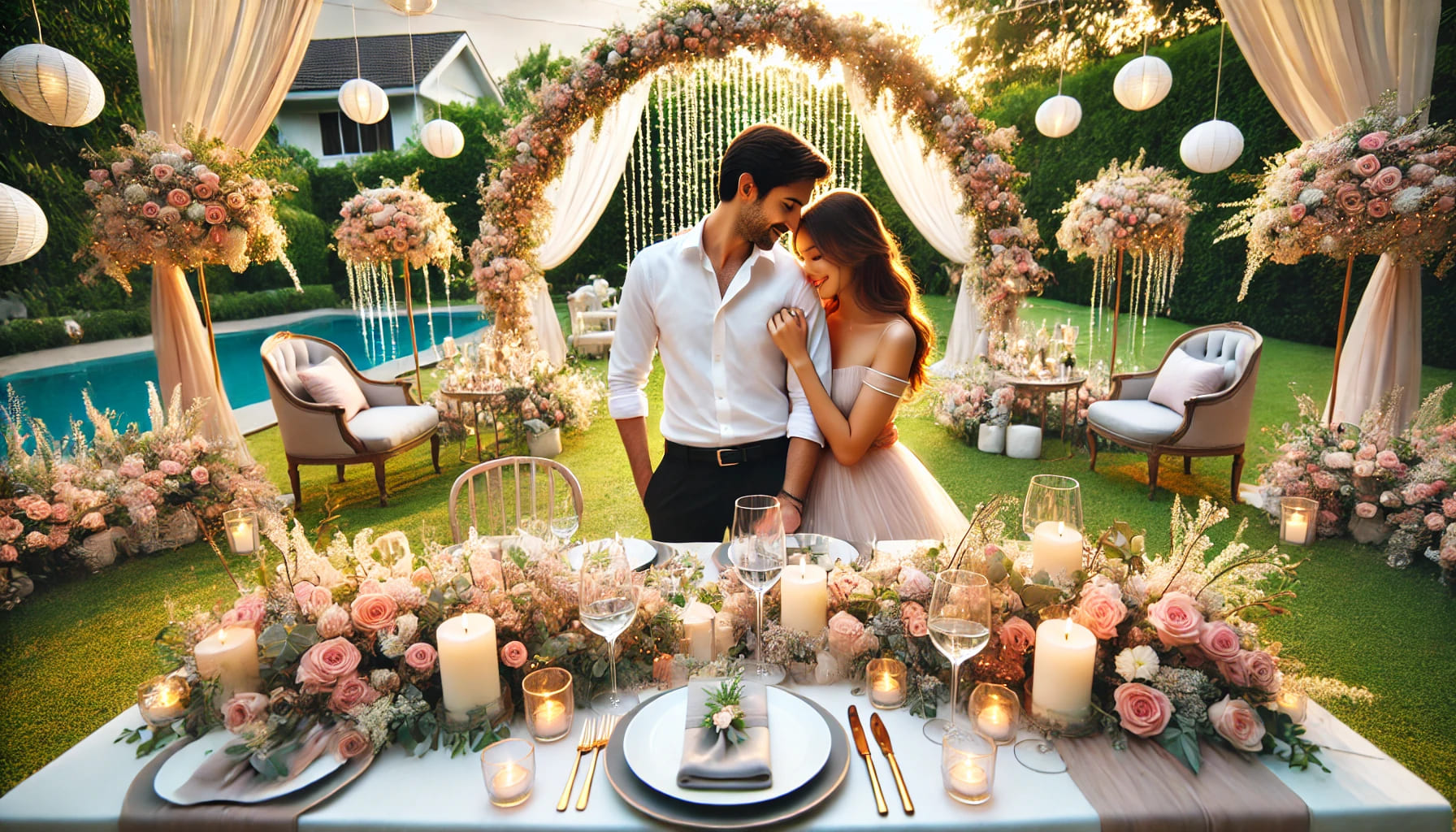 A couple celebrating their anniversary in a beautifully decorated outdoor setting. The scene includes elegant decorations, flowers, and a romantic atm