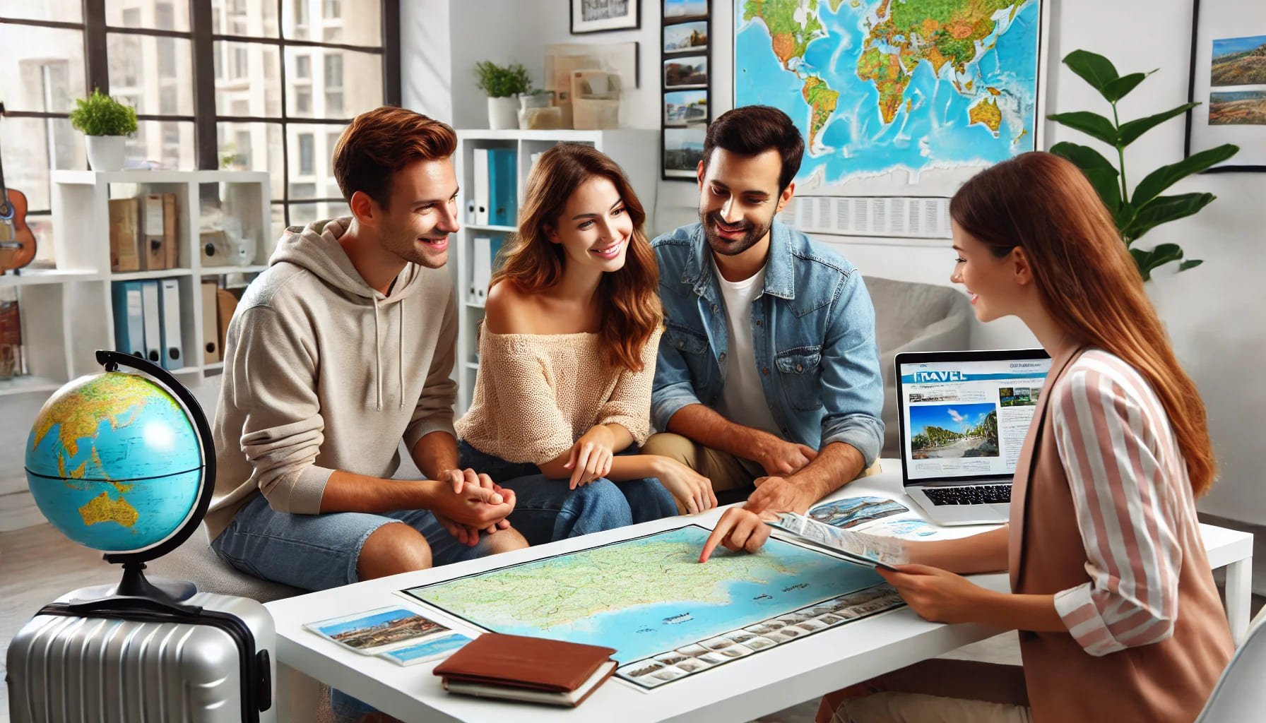 A couple planning their honeymoon with a travel consultant at a travel agency, with maps and brochures on the table