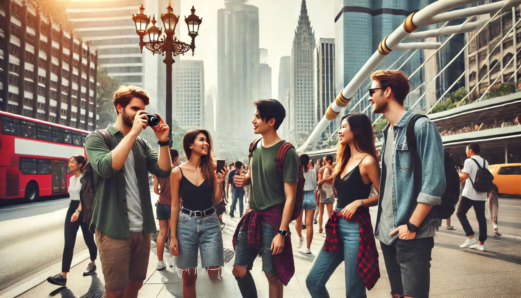 A group of friends exploring a city, walking through streets, and visiting landmarks. The scene is lively with people taking photos, chatting, and enj