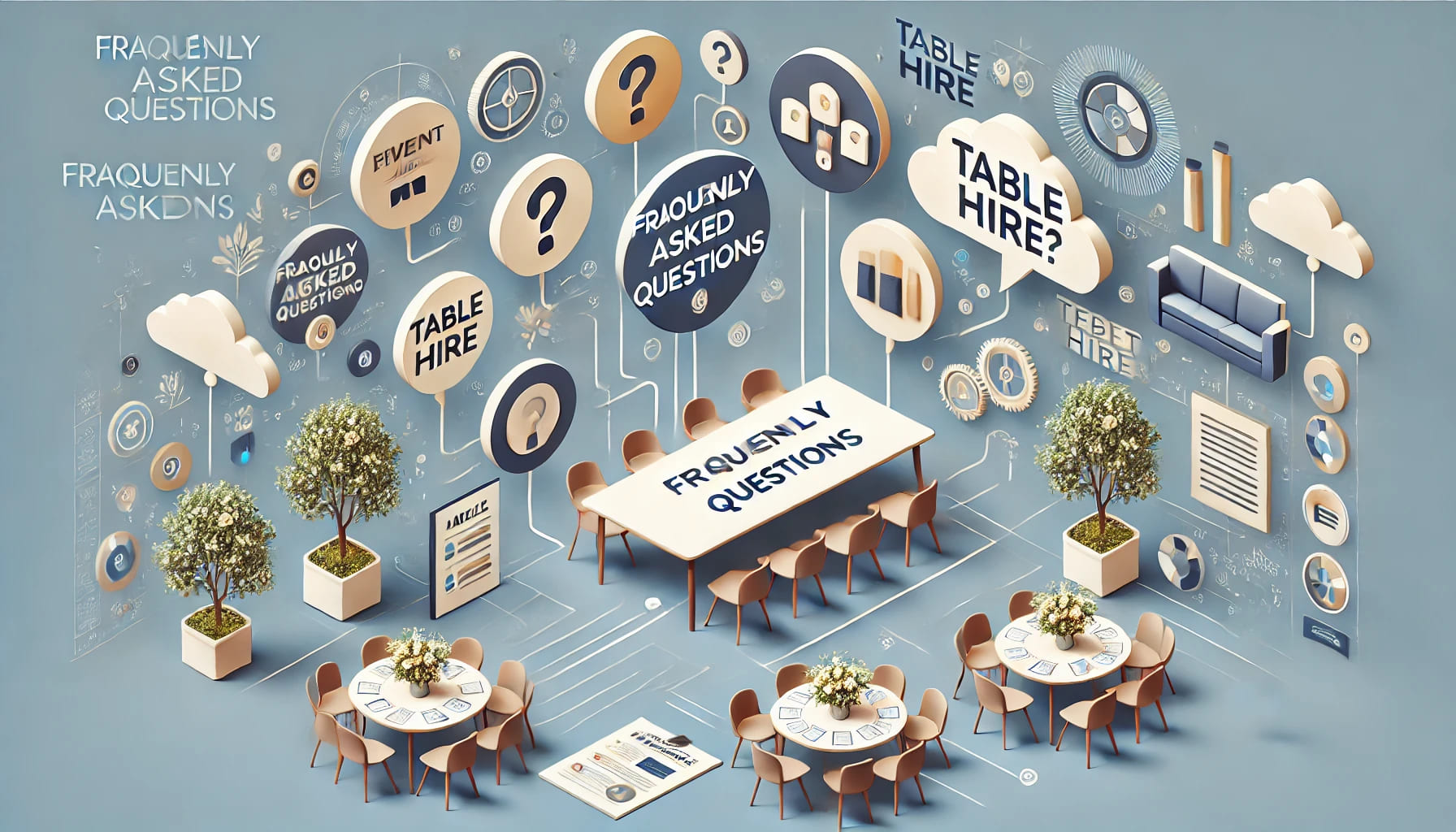 A landscape-oriented image featuring a collection of frequently asked questions related to event planning, specifically table hire. The scene includes